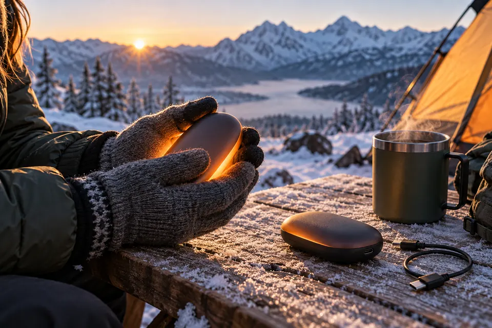 Chauffe-mains rechargeables USB sur une table de camping enneigée
