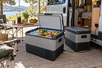 Glacières électriques devant un camping-car
