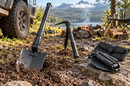 Pelles de survie pliantes sur un terrain de camping