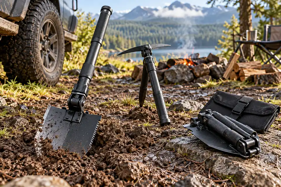 Pelles de survie pliantes sur un terrain de camping