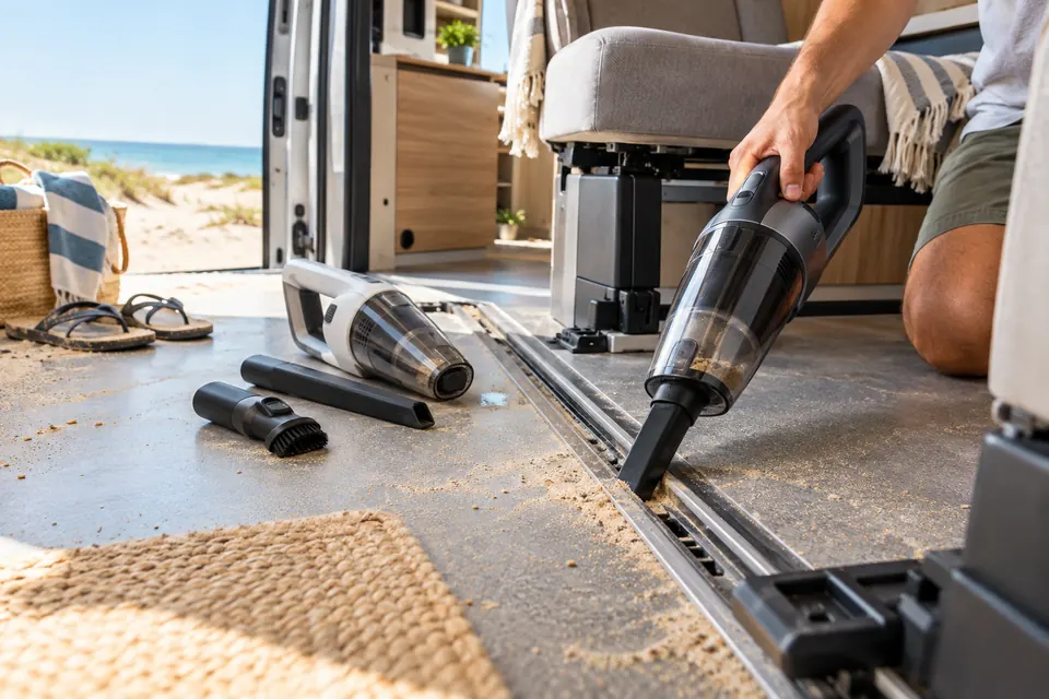 Aspirateurs compacts nettoyant le sol d’un camping-car