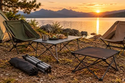 Tables basses pliantes au bord d’un lac