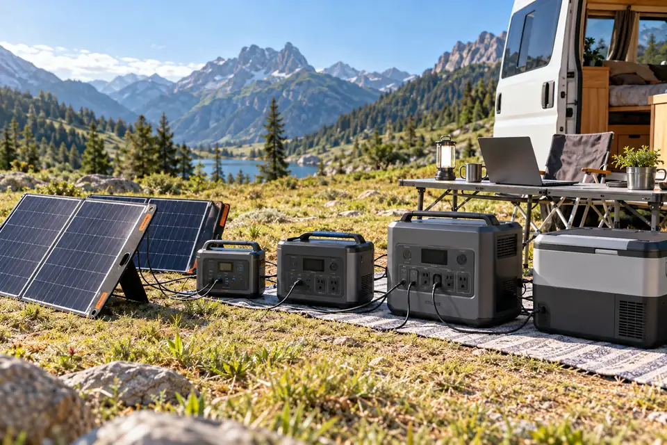 Stations électriques portables reliées à des panneaux solaires
