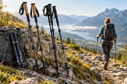 Bâtons de randonnée télescopiques sur un sentier alpin
