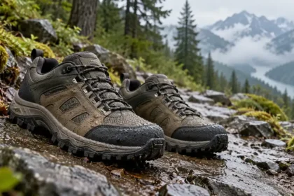 Chaussures de randonnée imperméables sur terrain humide
