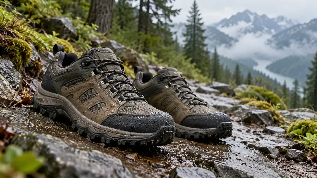 Chaussures de randonnée imperméables sur terrain humide