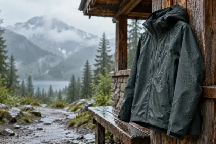 Veste de pluie de randonnée sous une averse