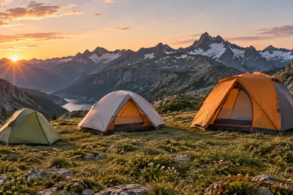 Tente de camping moderne installée dans un paysage naturel