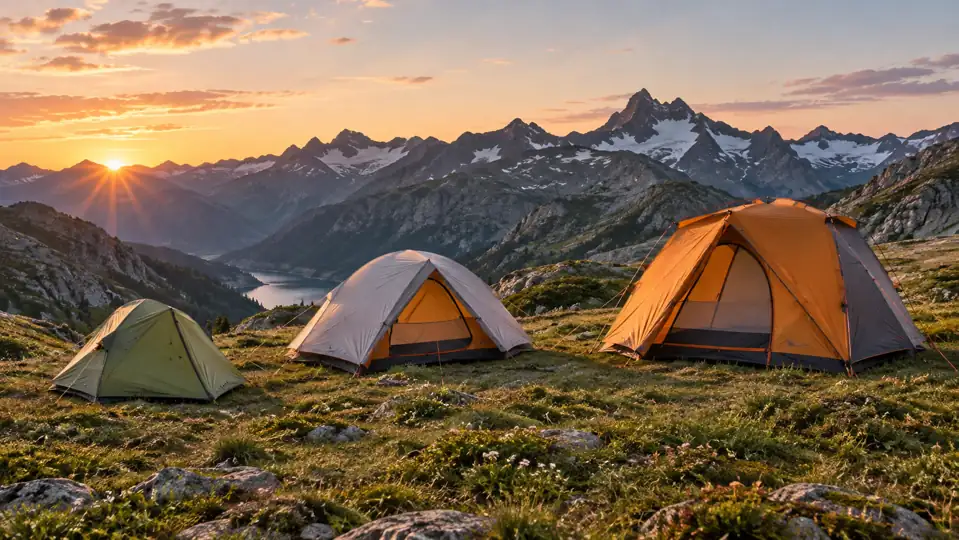 Tente de camping moderne installée dans un paysage naturel