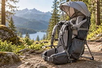 Parent portant un enfant en randonnée avec un porte-bébé à armature