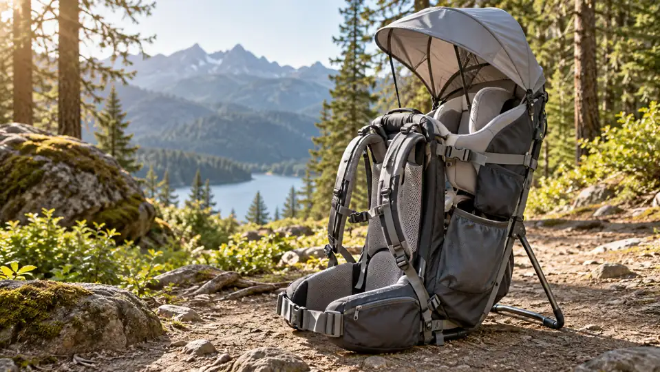 Parent portant un enfant en randonnée avec un porte-bébé à armature