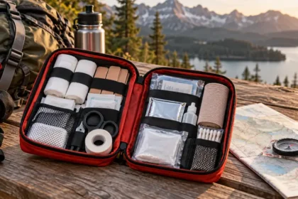 Trousse de premiers secours rouge ouverte sur une table de camping