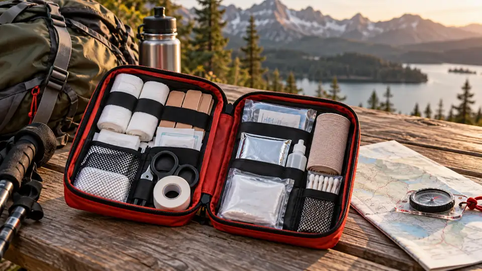Trousse de premiers secours rouge ouverte sur une table de camping