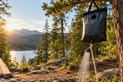 Douche portable installée près d’un campement