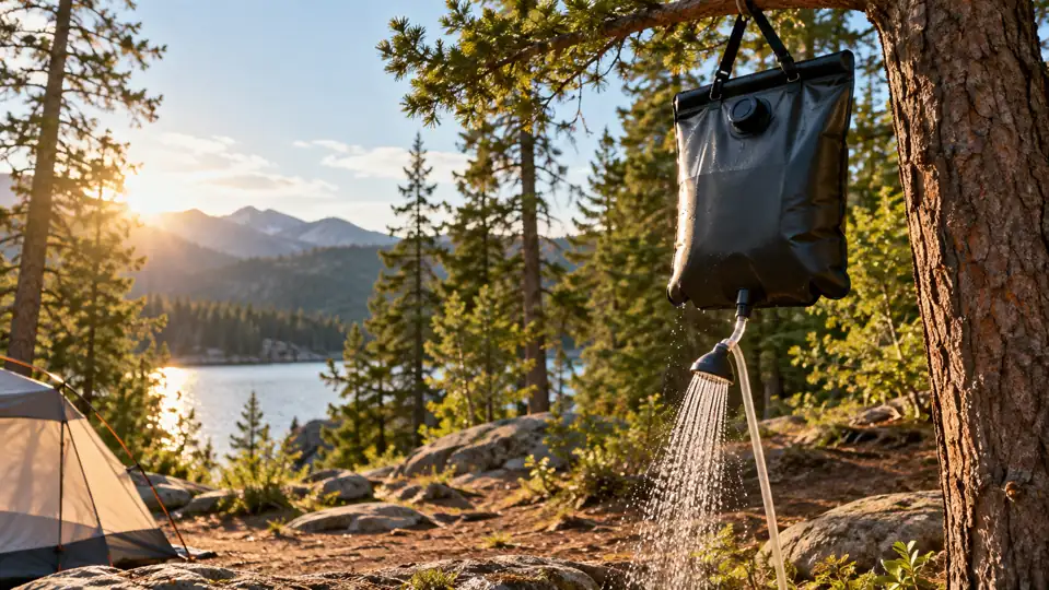 Douche portable installée près d’un campement