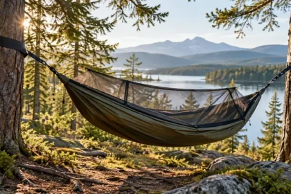 Hamac de camping suspendu entre deux arbres dans un bivouac