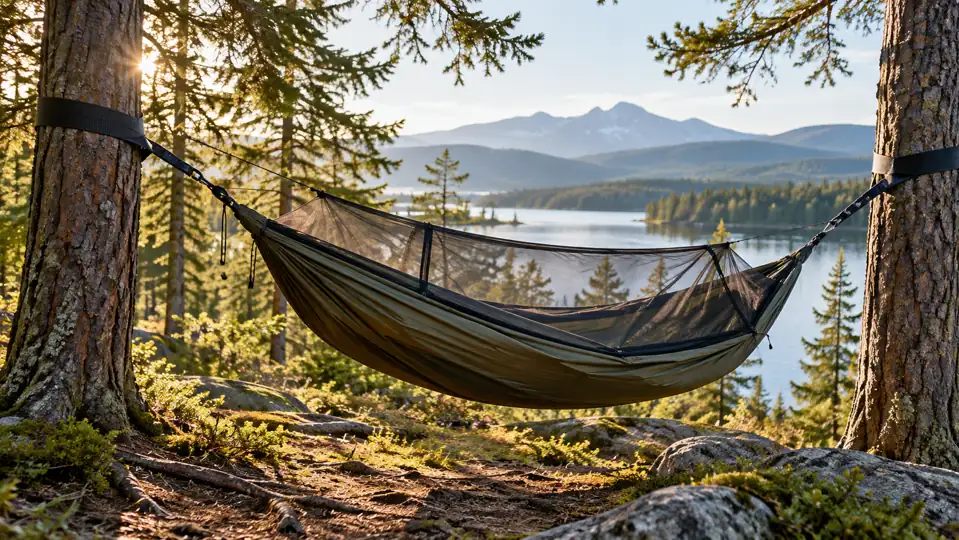 Hamac de camping suspendu entre deux arbres dans un bivouac