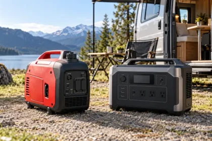 Station électrique portable utilisée près d’un camping-car