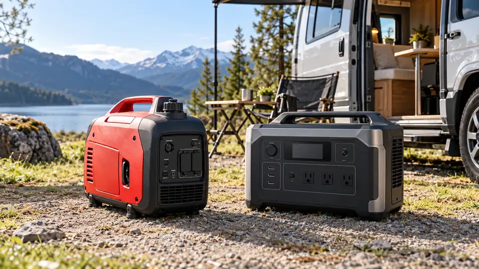 Station électrique portable utilisée près d’un camping-car