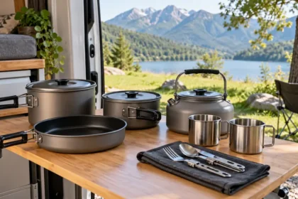 Kit de casseroles et ustensiles sur une table de camping-car