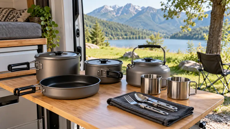 Kit de casseroles et ustensiles sur une table de camping-car