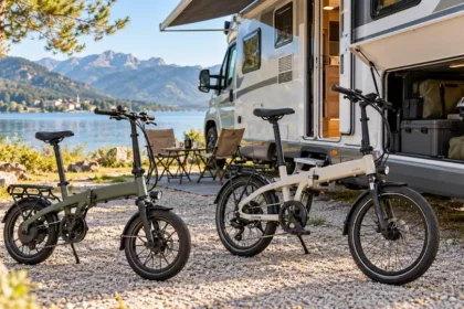 Deux vélos électriques pliants près d’un camping-car