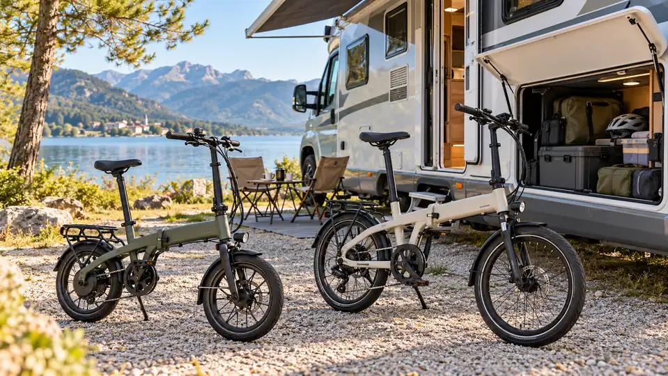 Deux vélos électriques pliants près d’un camping-car