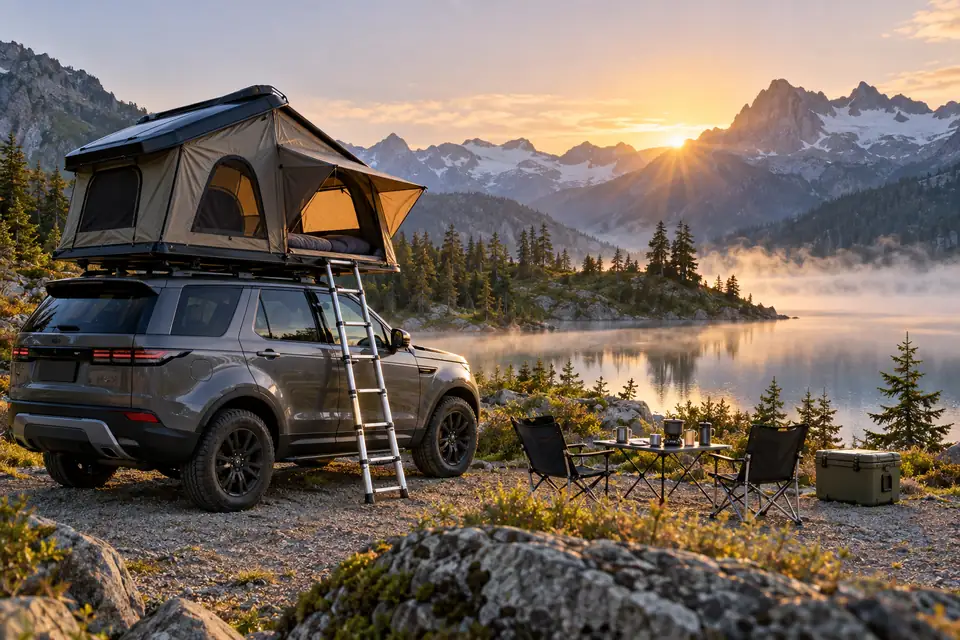 Tente de toit ouverte sur un SUV en camping