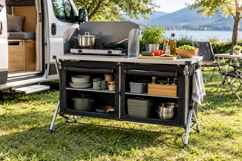Meuble de cuisine pliable installé au camping