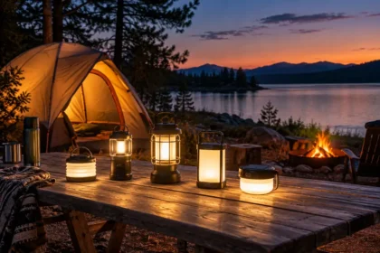 Lampes solaires rechargeables éclairant un campement