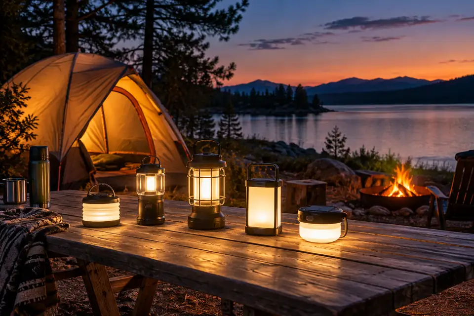 Lampes solaires rechargeables éclairant un campement