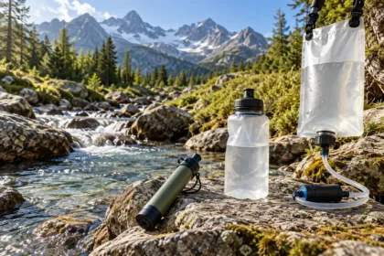 Filtres à eau portables au bord d’un ruisseau