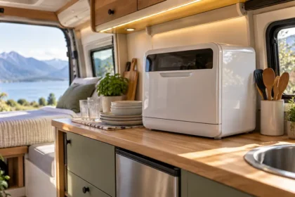 Mini lave-vaisselle dans la cuisine d’un camping-car