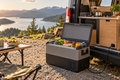 Glacière électrique près d’un camping-car
