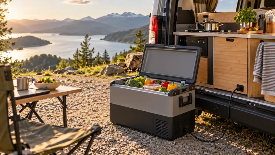 Glacière électrique près d’un camping-car