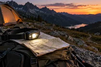 Lampe frontale rechargeable posée près d’une tente au crépuscule