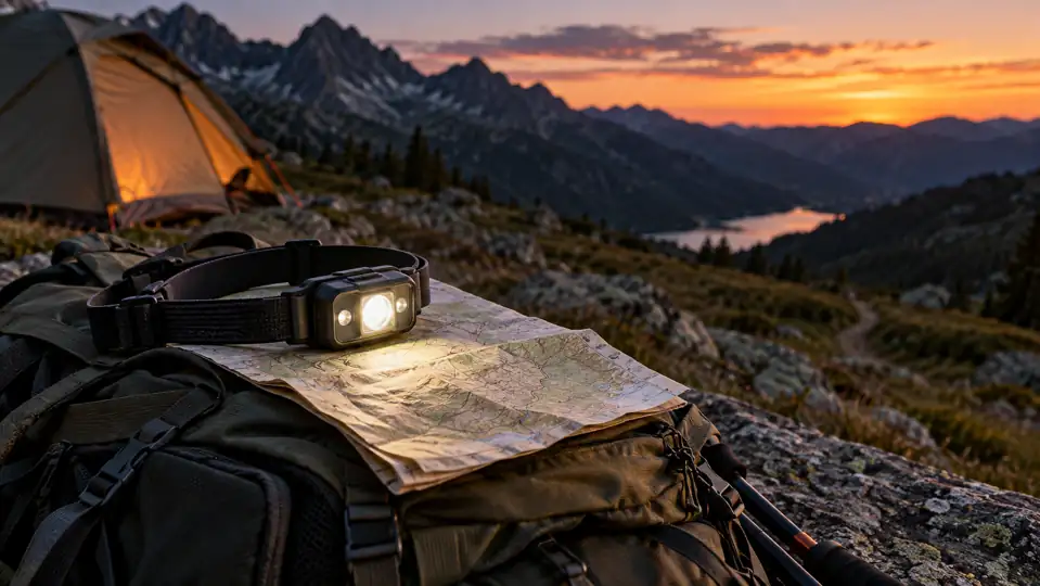 Lampe frontale rechargeable posée près d’une tente au crépuscule