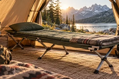 Lit de camp pliable installé dans une tente