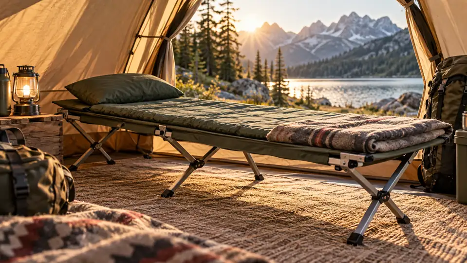 Lit de camp pliable installé dans une tente