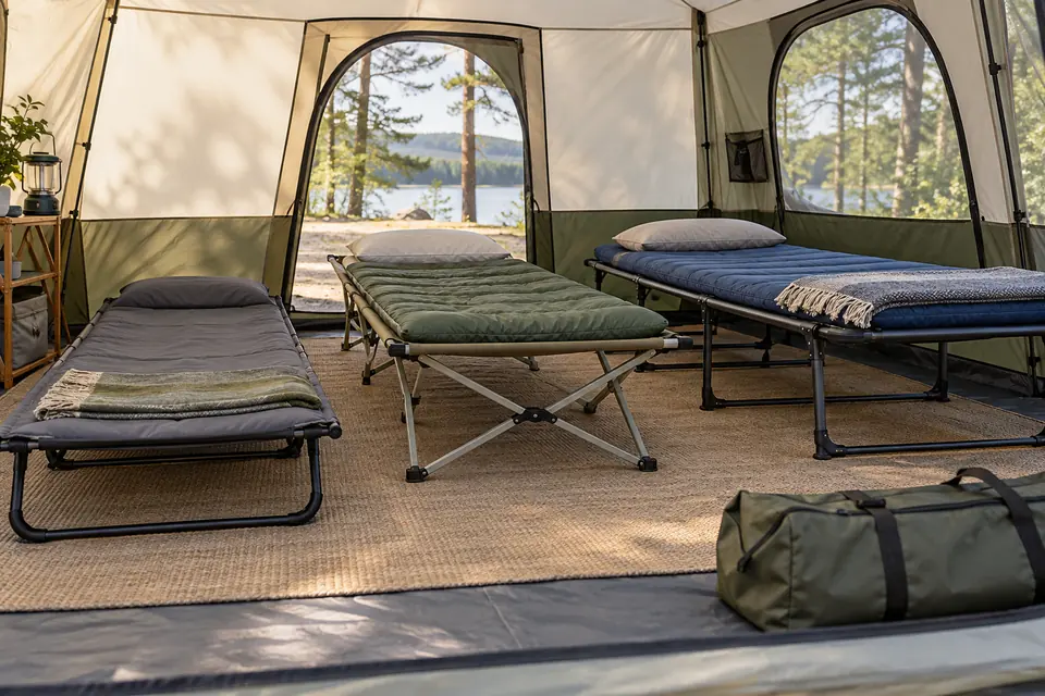 Lits de camp pliables comparés sous une tente