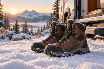 Bottes d’hiver isolantes devant un camping-car