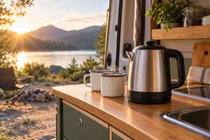Bouilloire de camping compacte dans une cuisine de van