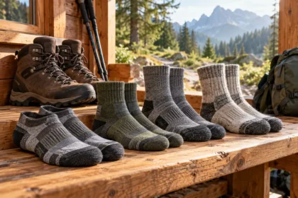 Plusieurs paires de chaussettes de randonnée près de chaussures