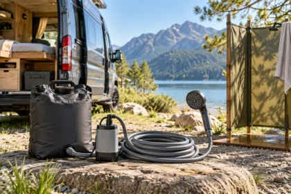 Kit de douche portable installé près d’un camping-car
