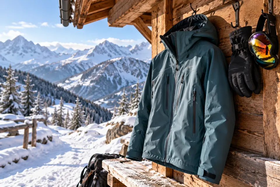 Veste technique imperméable dans un refuge de montagne