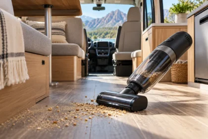 Aspirateur compact nettoyant le sol d’un camping-car