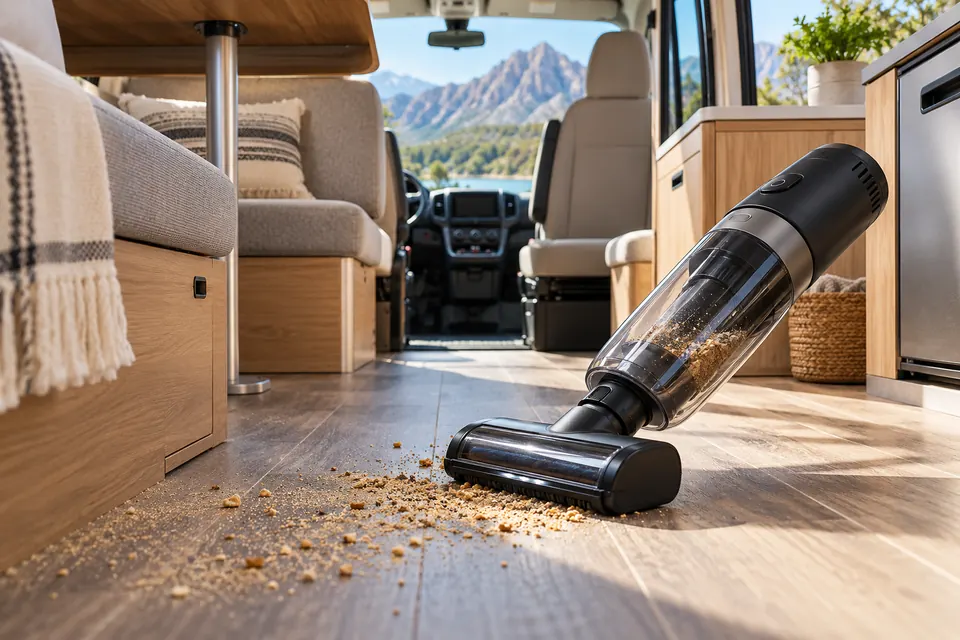 Aspirateur compact nettoyant le sol d’un camping-car