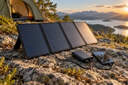 Panneau solaire portable rechargeant un téléphone au camping
