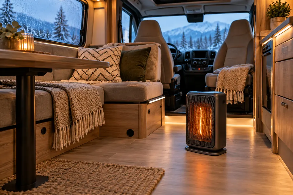 Chauffage électrique compact placé dans un camping-car