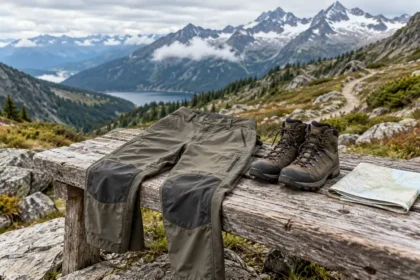 Pantalon de randonnée présenté avec des chaussures de trekking